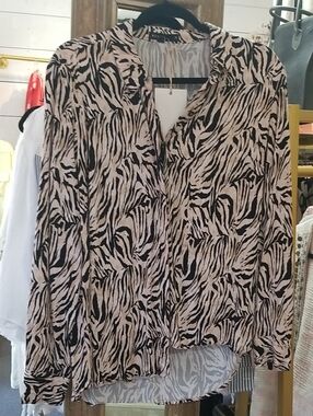 Animal-Print Button-Down Blouse in Black and Beige